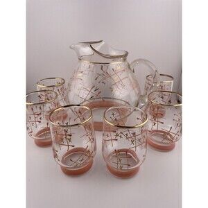 Juice Pitcher & 6 Glasses Pink Gold Accent Tic Tac Toe Pattern MCM Vintage